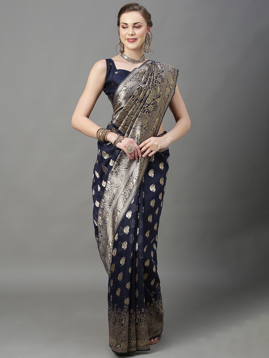 

KALINI Woven Design Banarasi Saree With Zari Border, Navy blue