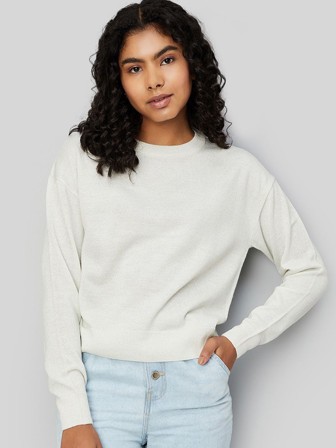 

max Women Round Neck Long Sleeves Pullover, Off white