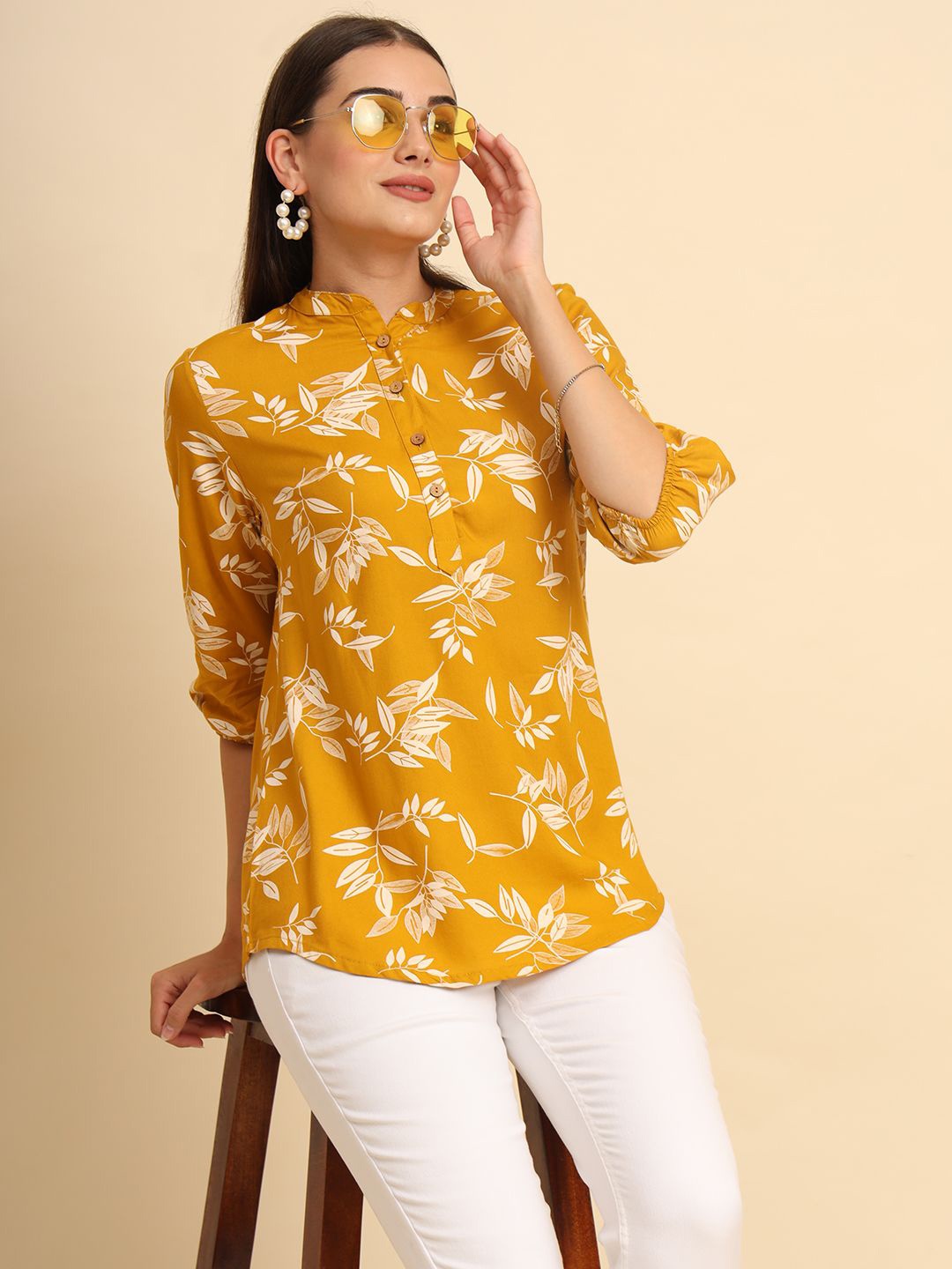 

Anouk Rustic Printed Mandarin Collar Tunic, Yellow