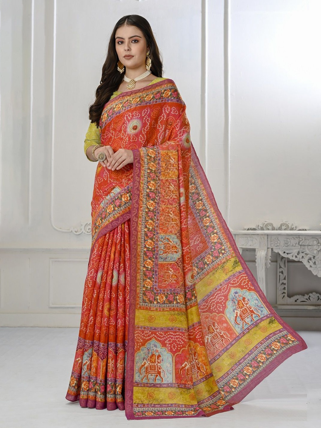 

JIVORA Ethnic Motifs Pure Silk Saree, Orange