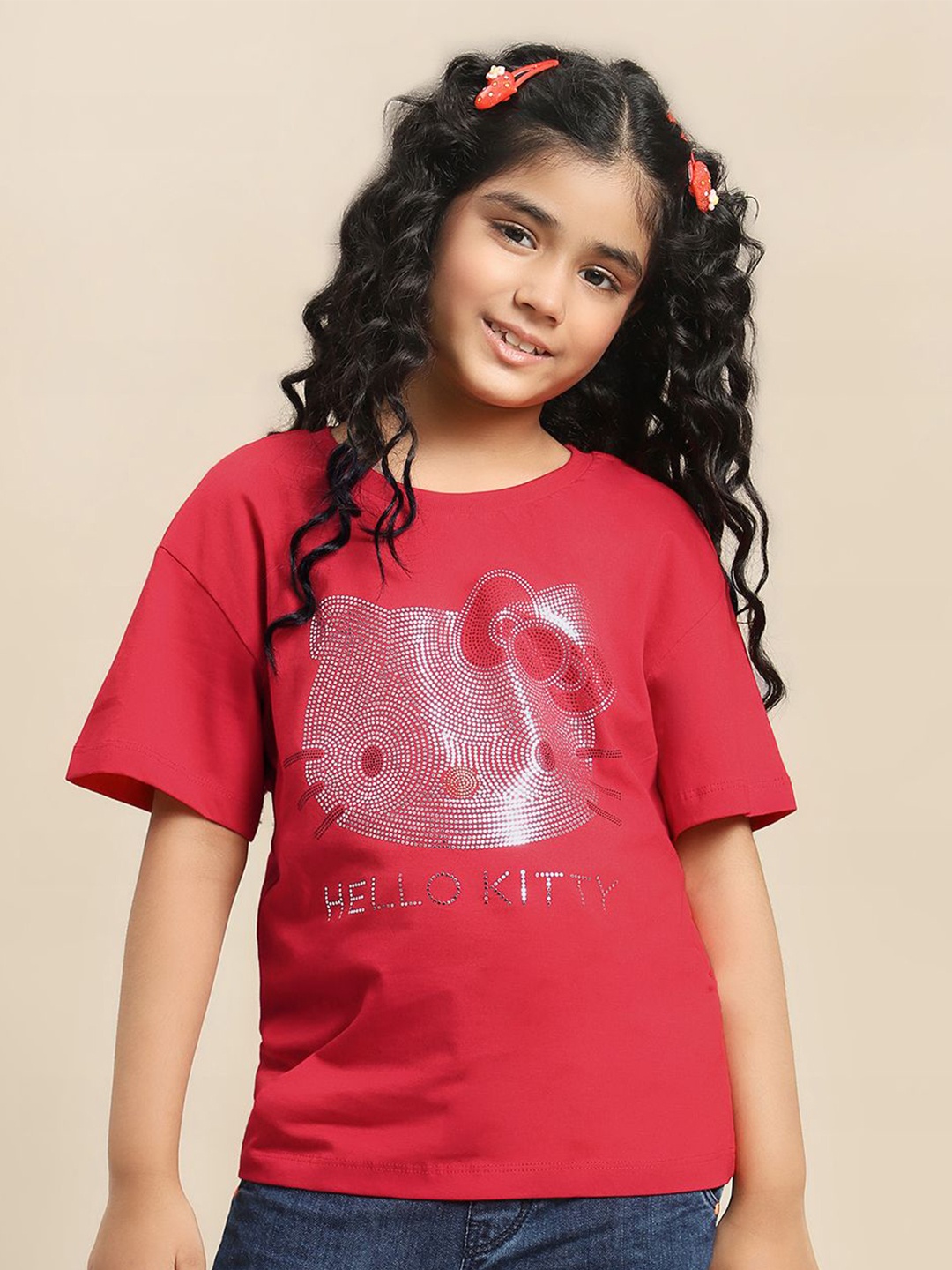 

Kids Ville Girls Hello Kitty Graphic Printed Pure Cotton Tshirt, Red