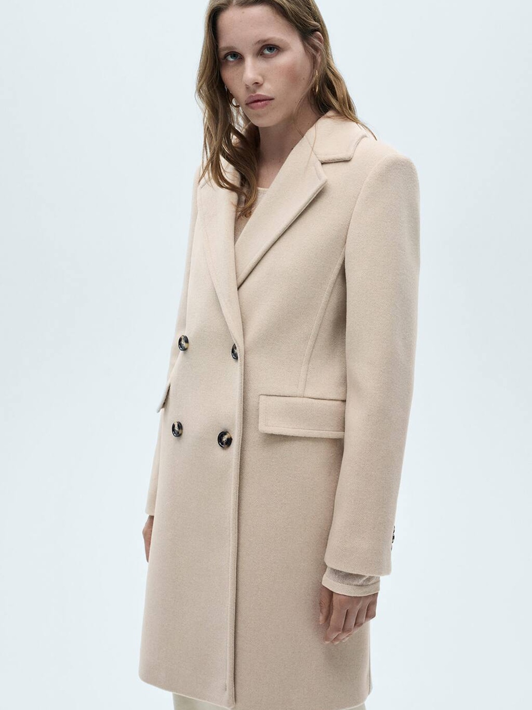 

MANGO Double-Breasted Longline Overcoat, Beige