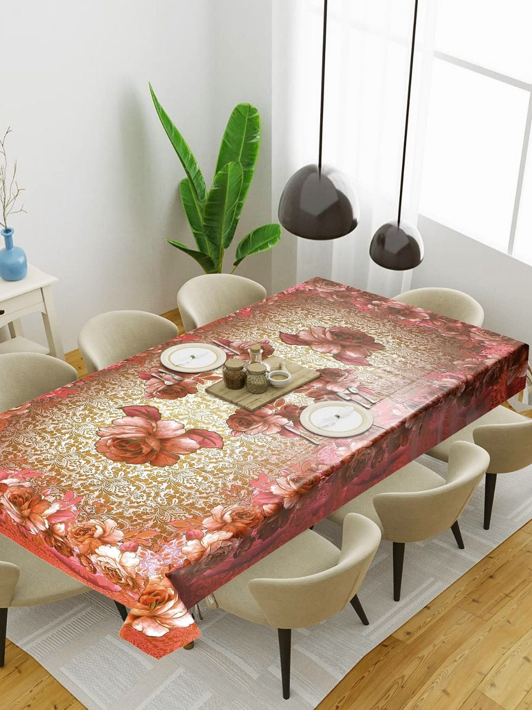 

LooMantha Maroon & White Floral Waterproof 6-Seater Table Cover