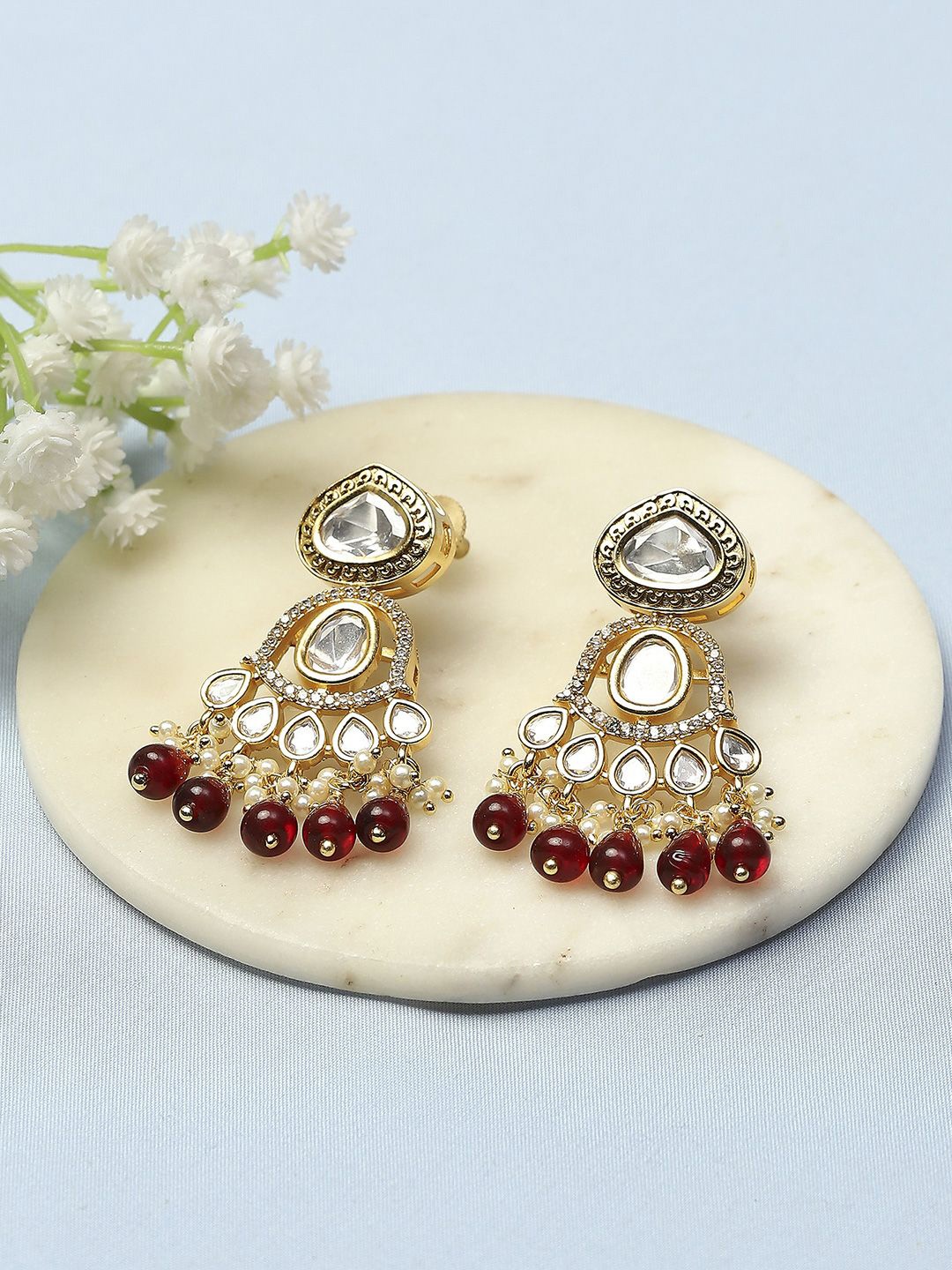 

Biba Gold-Plated Stone Studded & Beaded Contemporary Drop Earrings, Red