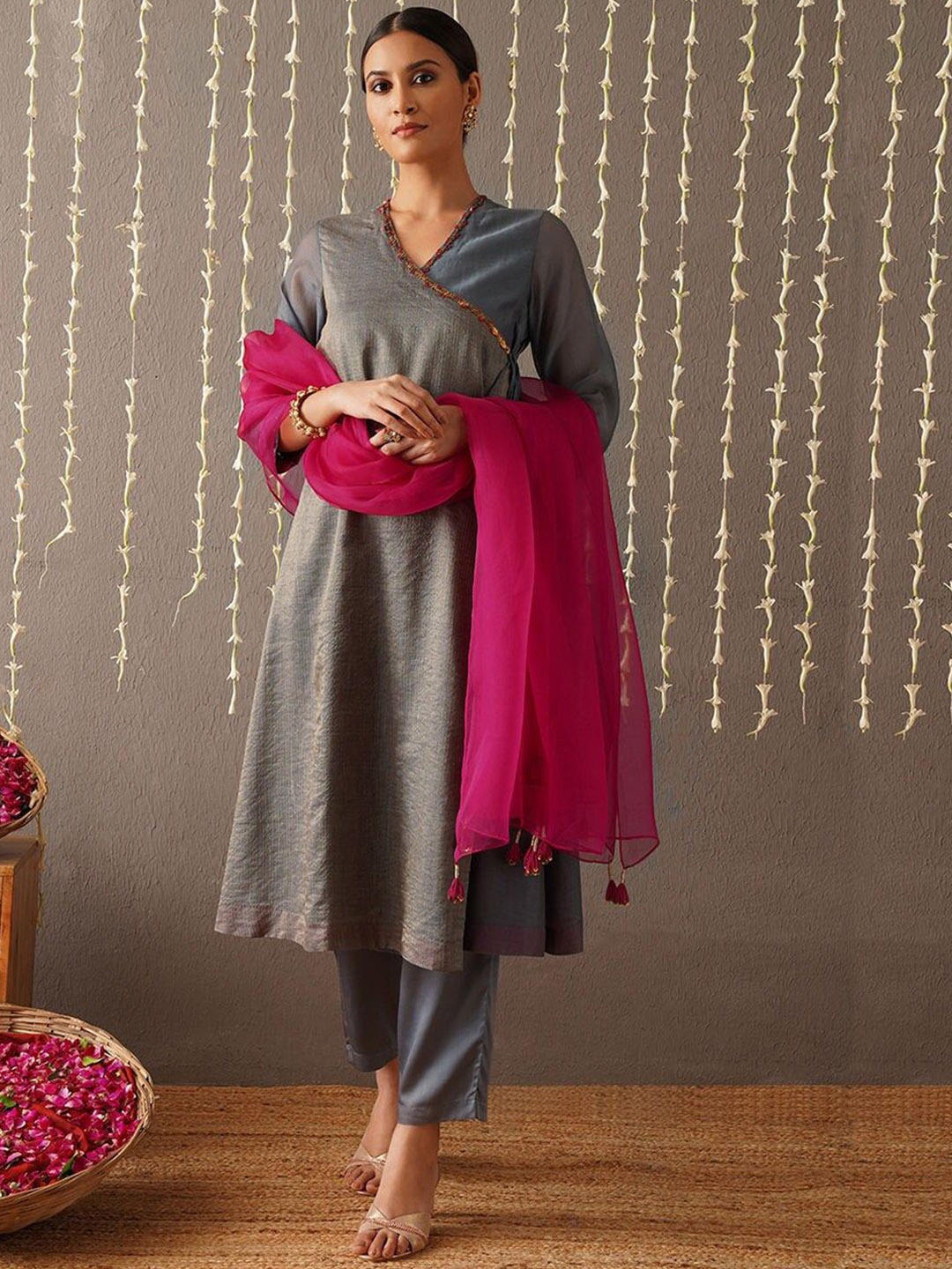 

JAYPORE Ethnic Motifs Embroidered Angrakha A-Line Kurta With Trouser, Grey
