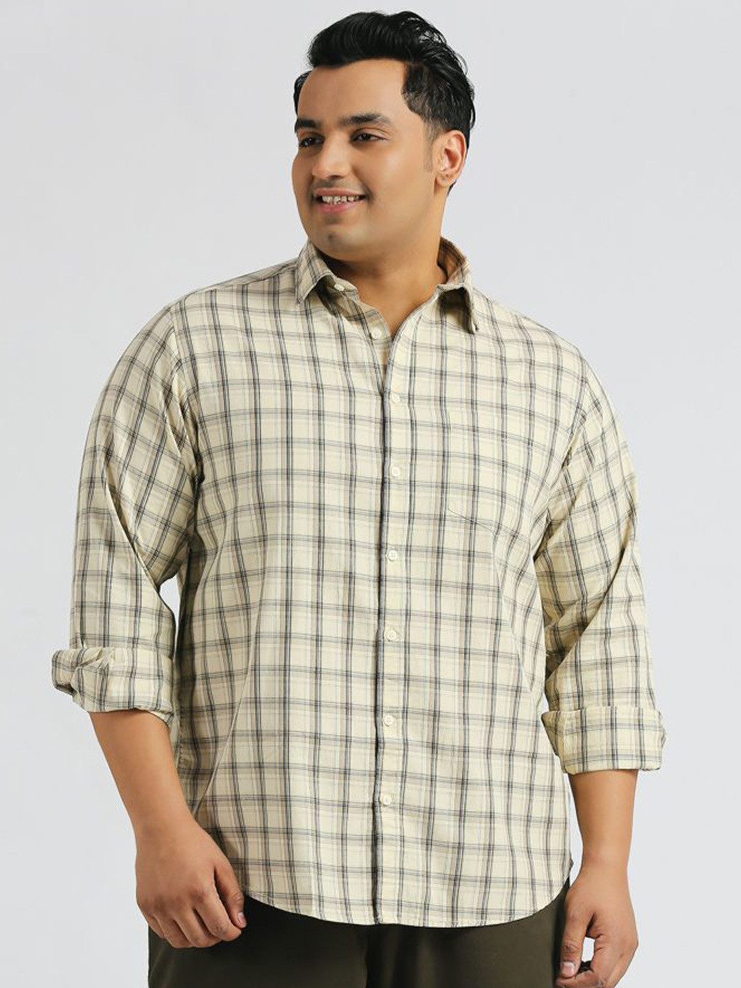 

Sizeupp Men Comfort Spread Collar Tartan Checked Cotton Casual Shirt, Cream