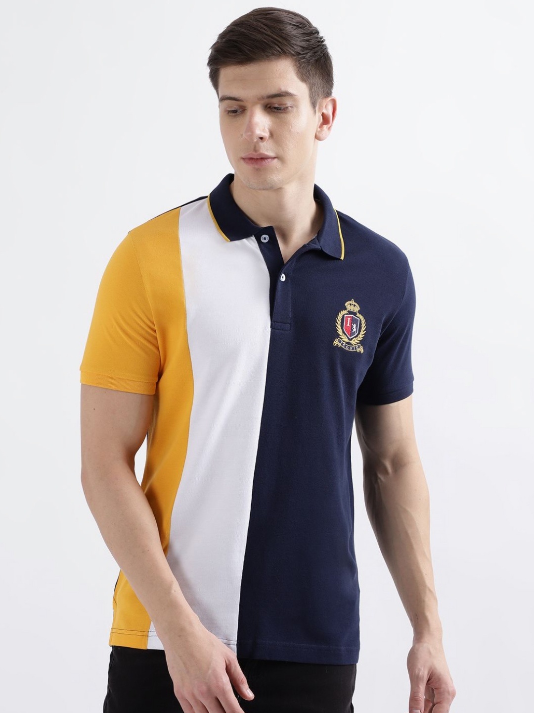 

Iconic Men Colourblocked Polo Collar Cotton T-shirt, Navy blue