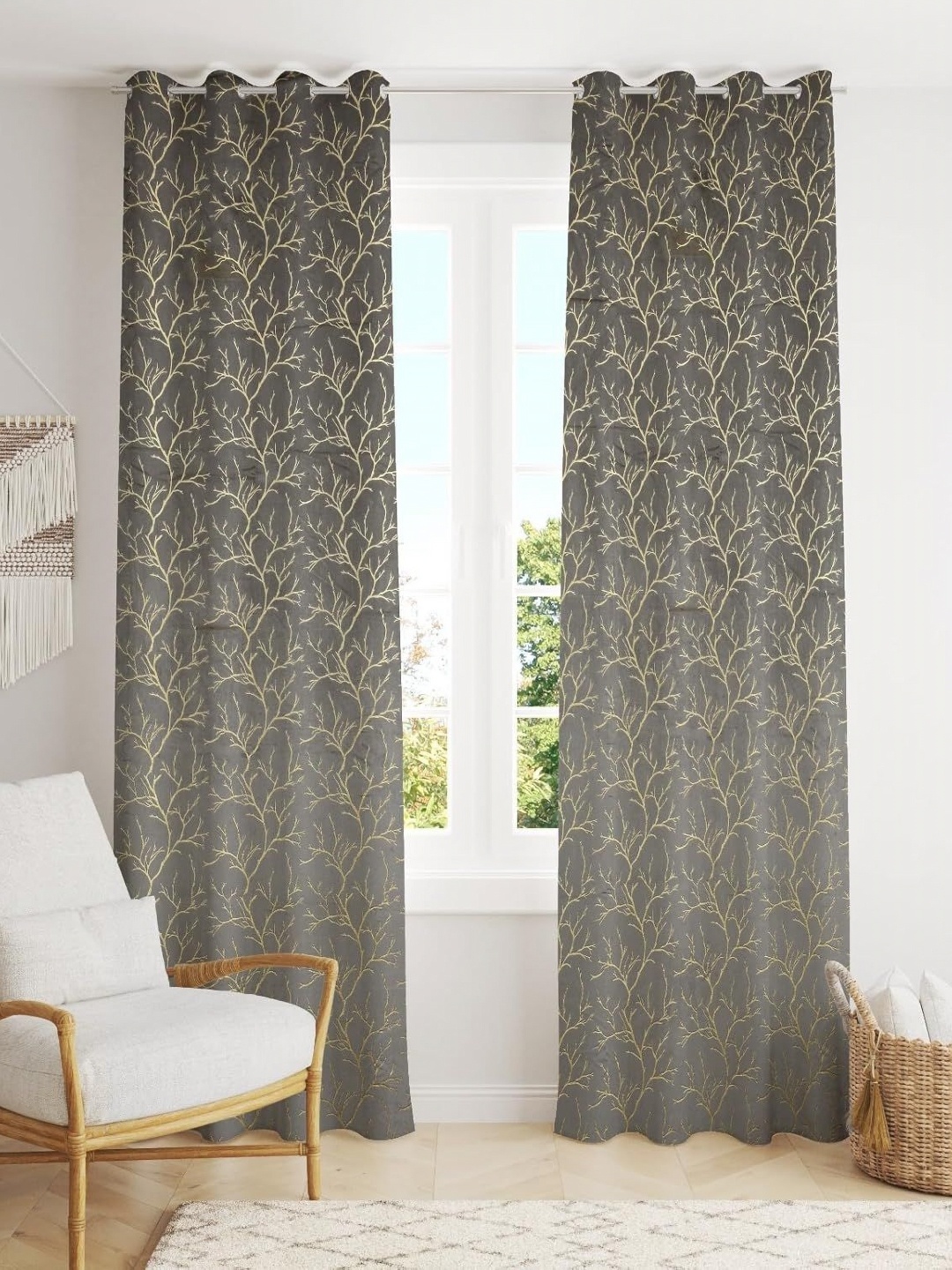 

Banchmark Home Furnishings Grey & Beige 2 Pieces Floral Room Darkening Window Curtain