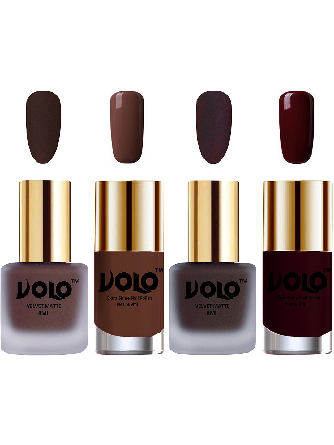 

VOLO Set Of 4 Velvet Matte & Extra Shine Nail Polish-8 ml & 9.9 ml Each Shade 02-29-19-44, Coffee brown