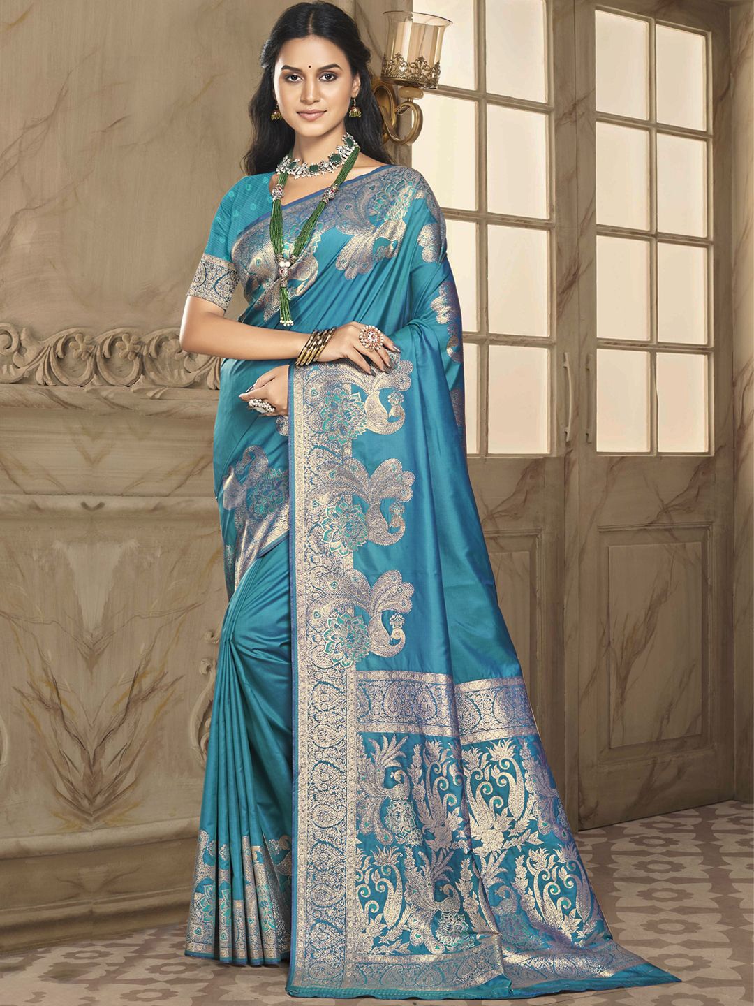 

SANGAM PRINTS Ethnic Motifs Woven Design Zari Silk Blend Tussar Saree, Blue