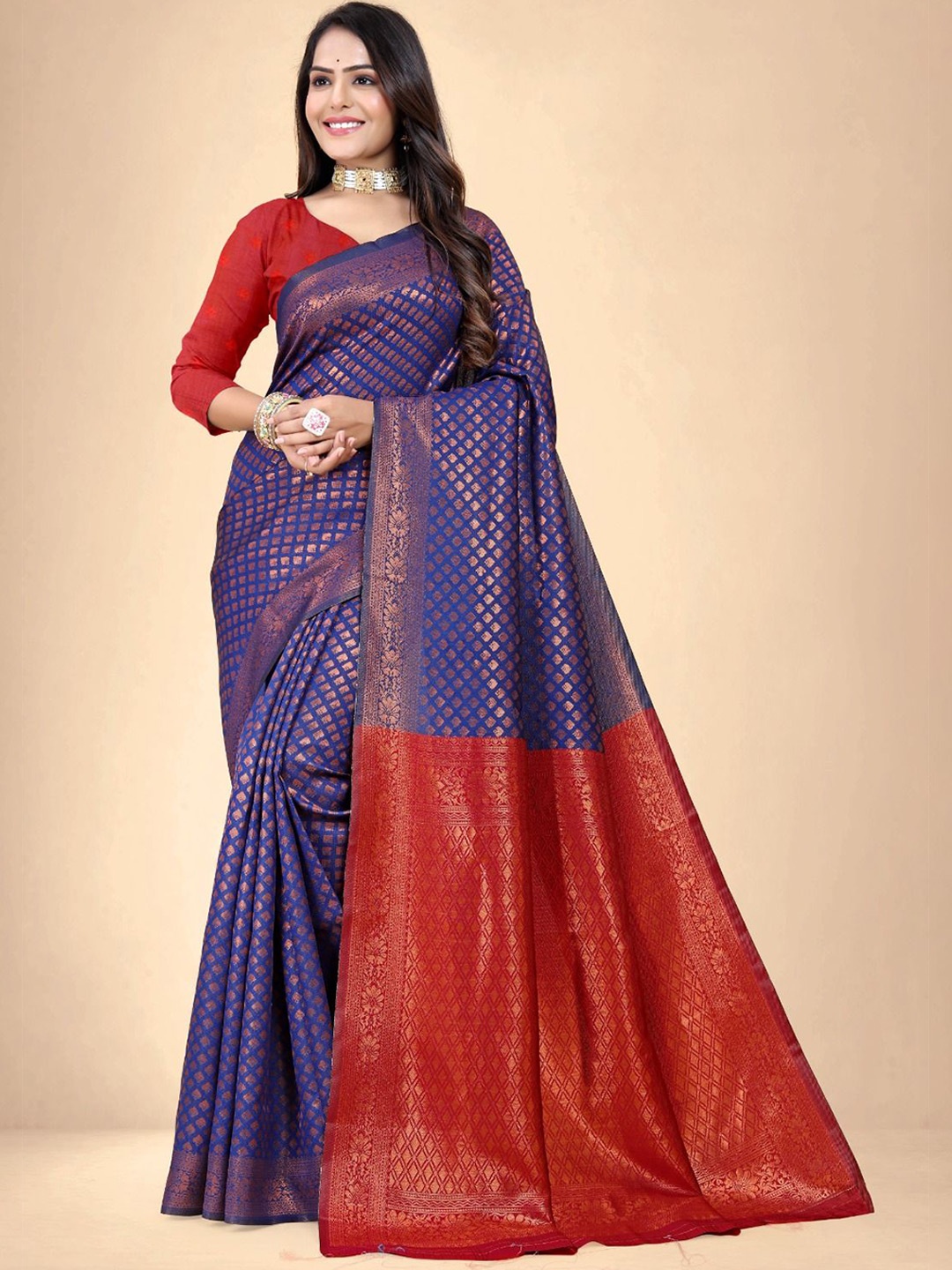 

Abhilasha Ethnic Motifs Zari Pure Silk Designer Kanjeevaram Saree, Navy blue