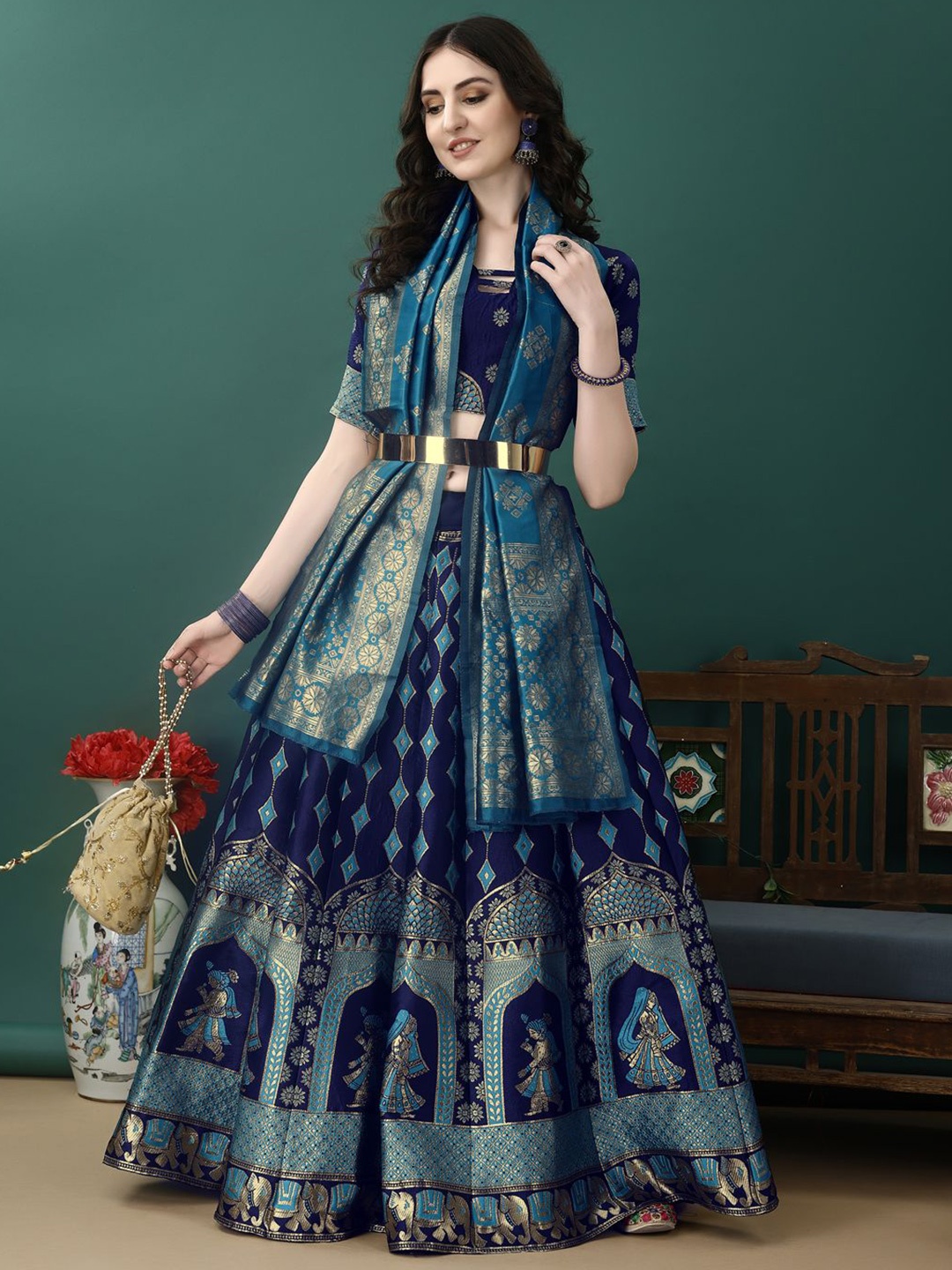 

SWAMI STUDIO Ready to Wear Lehenga & Unstitched Blouse With Dupatta, Blue