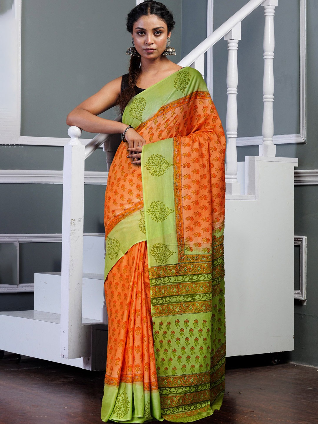

Unnati Silks Ethnic Motifs Printed Pure Cotton Handloom Block Print Saree, Orange