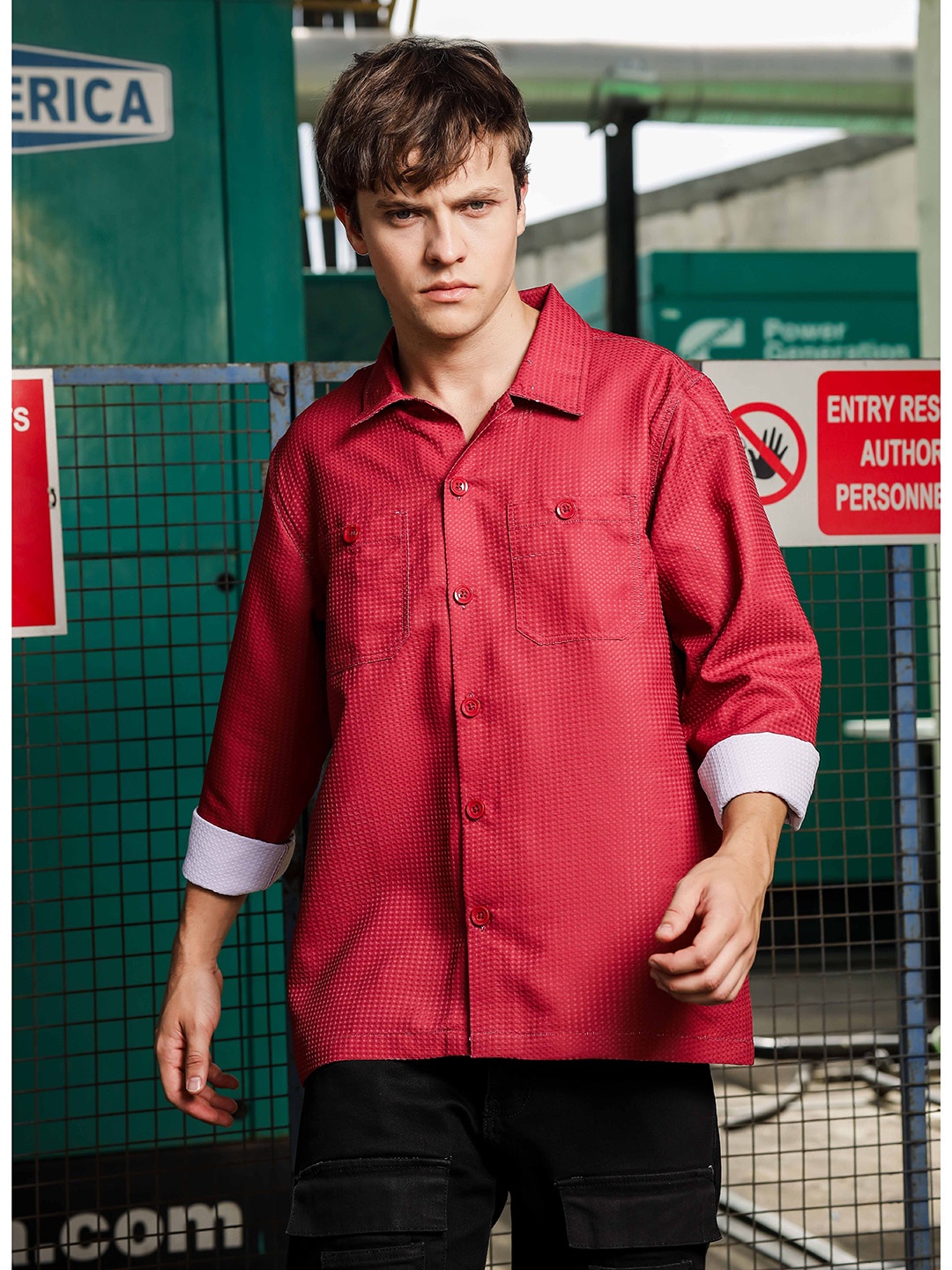 

House of Koala Unisex Textured Long Sleeve Shacket Shirt, Red