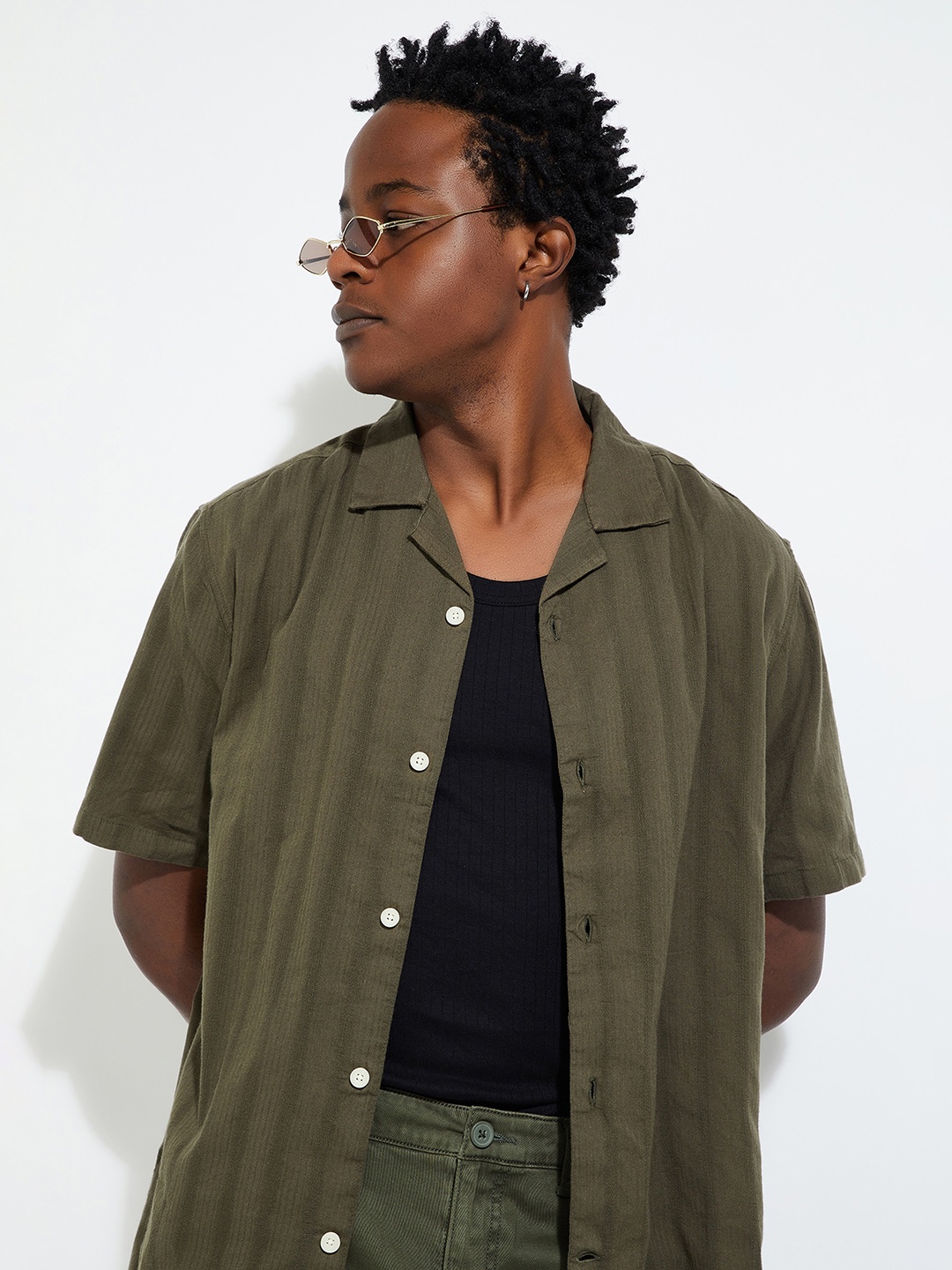 

Max Urb_N Men Oversized Striped Resort Shirt, Green