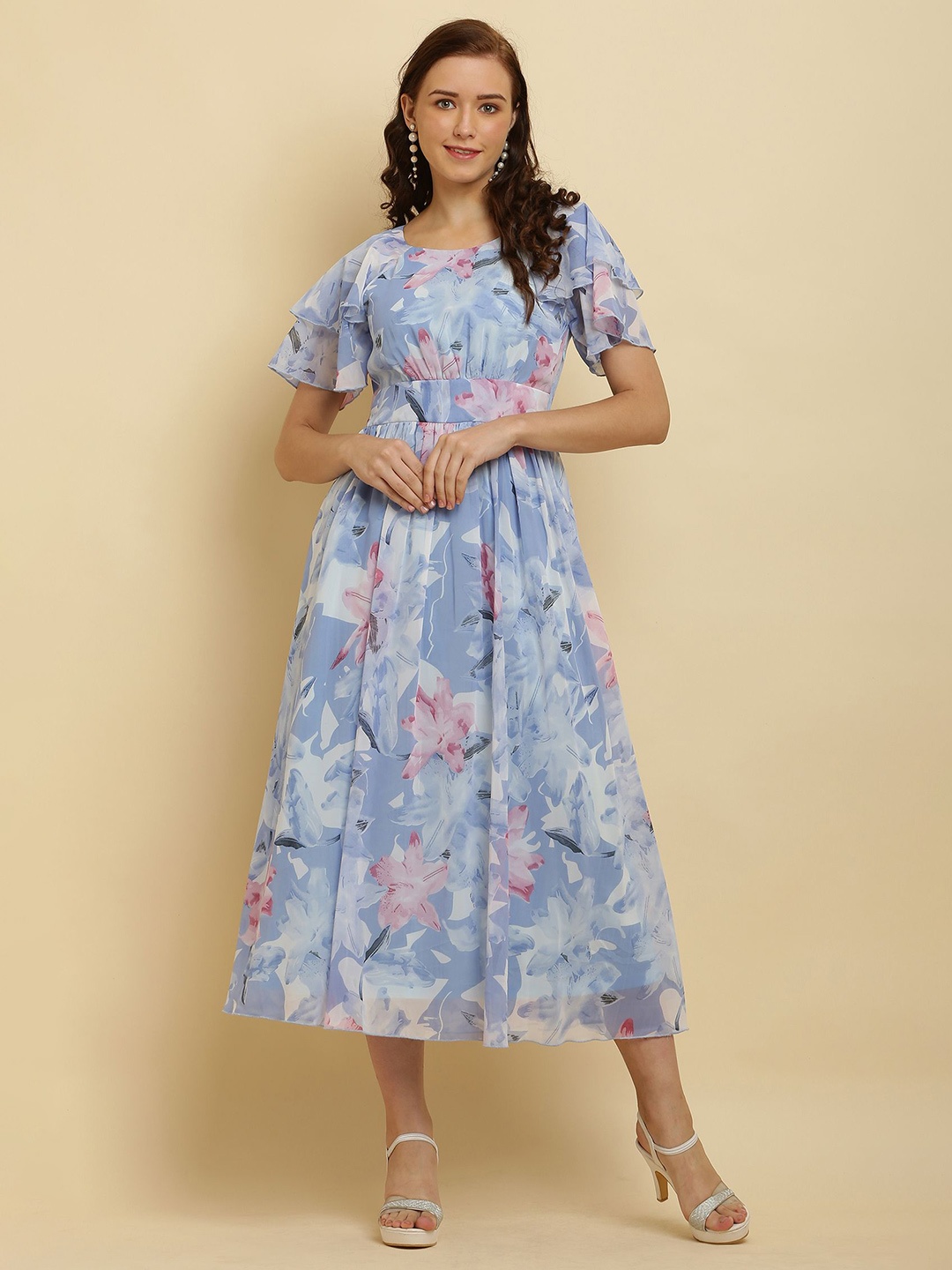 

C4D Flared Sleeve Ruffled Georgette Fit & Flare Short Dress, Blue