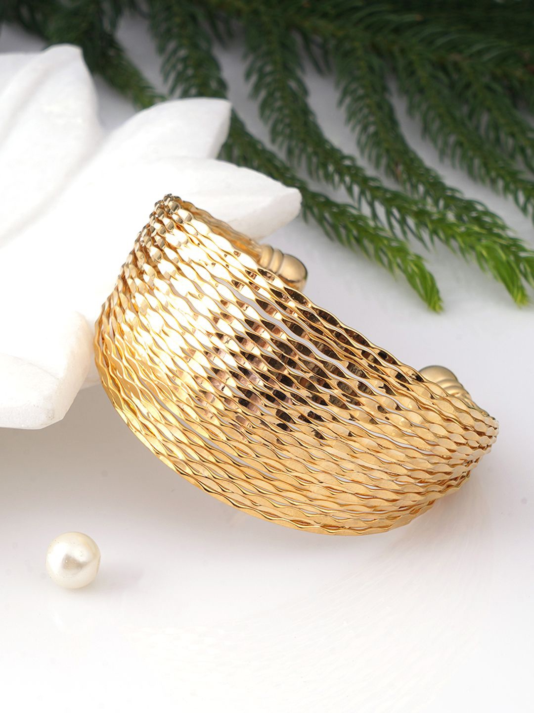 

Adwitiya Collection Gold-Plated Multi Layered Wire Thread Design Cuff Bracelet