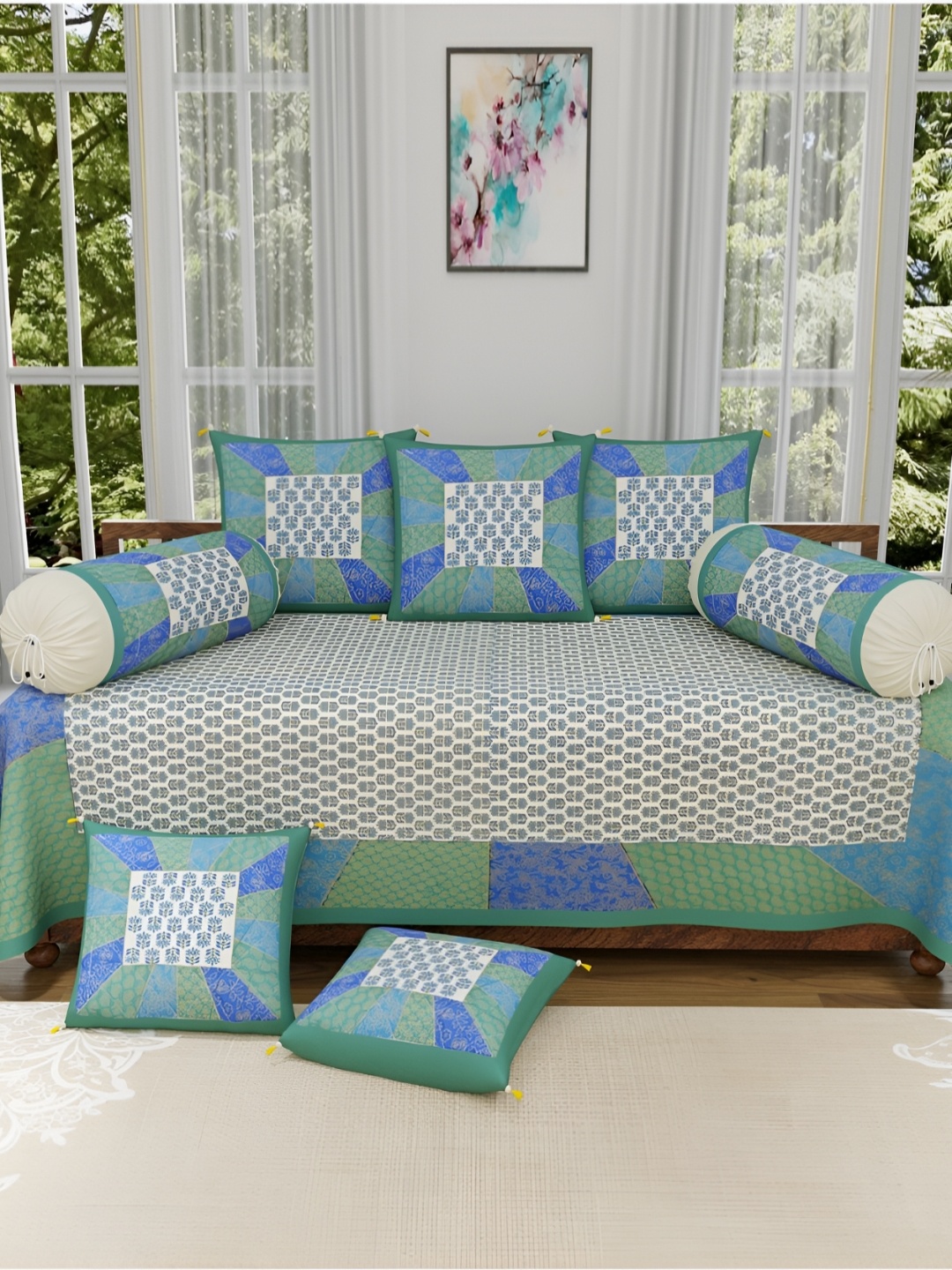 

The Craft Monk Blue & Green 8 Pieces Ethnic Motifs Printed Pure Cotton Diwan Set