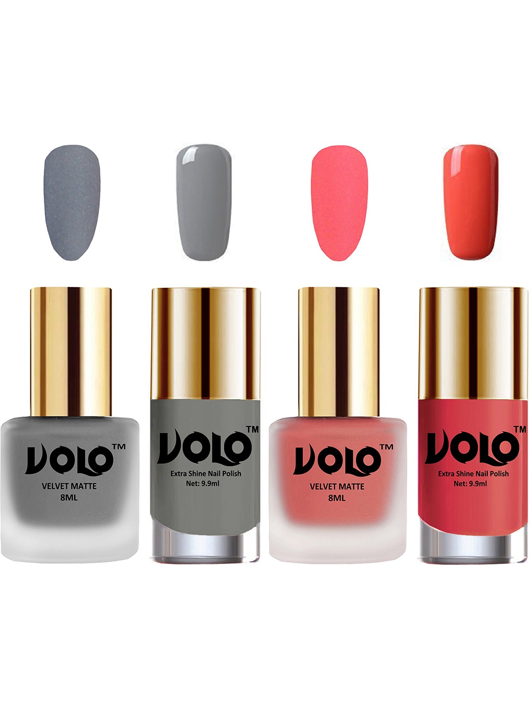 

VOLO Set Of 4 Velvet Matte & Extra Shine Nail Polish - 8 ml Each & 9ml Each-20-41-41-49, Multi