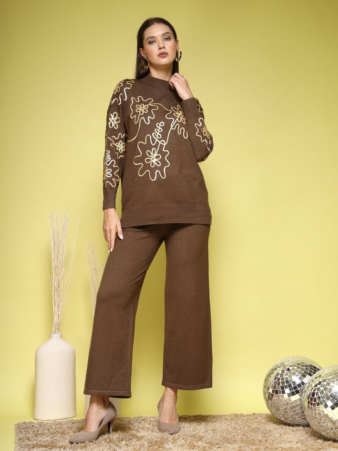 

Mafadeny Floral Sequin Embroidered Mock Neck Long Sleeves Sweater With Palazzo, Brown