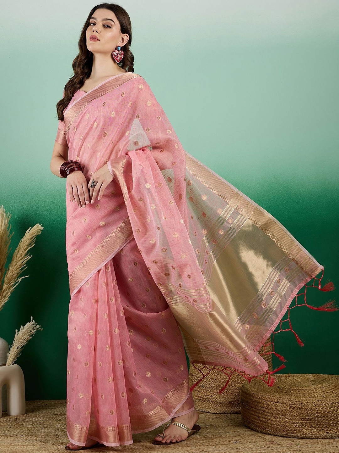 

DIVASTRI Woven Design Zari Organza Designer Kanjeevaram Saree, Pink