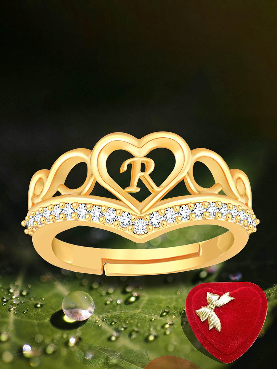 

Heer Collection Gold-Plated American Diamond Studded Alphabet R Adjustable Finger Ring