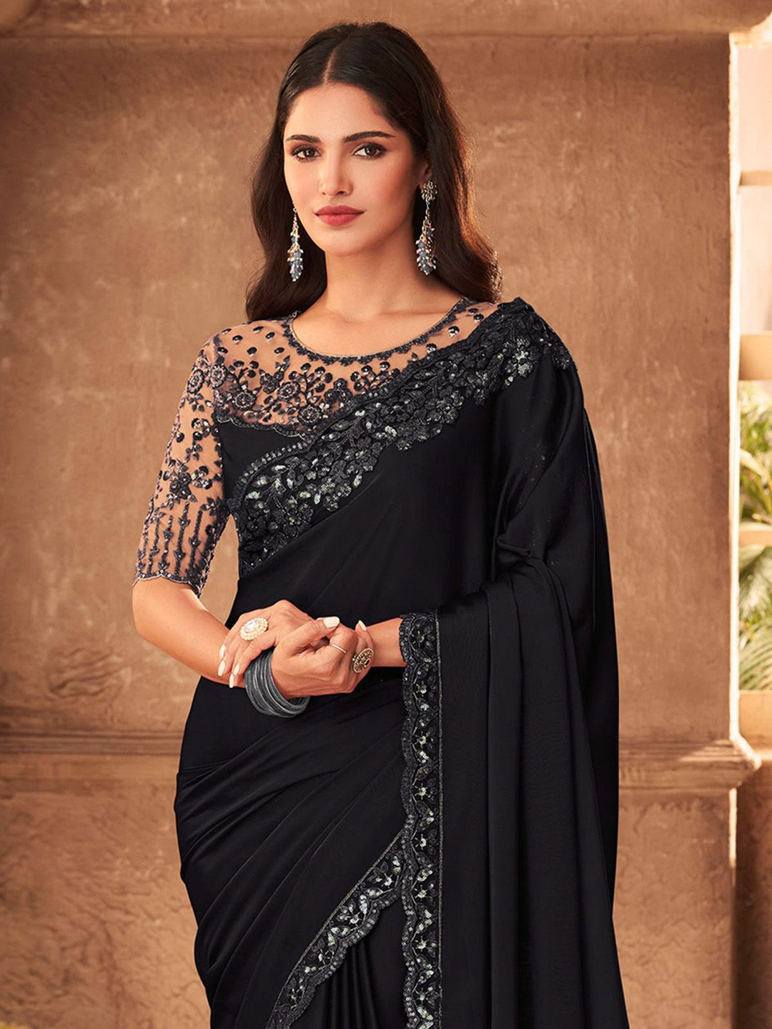 

Mitera Sequinned Pure Chiffon Saree With Matching Blouse, Black