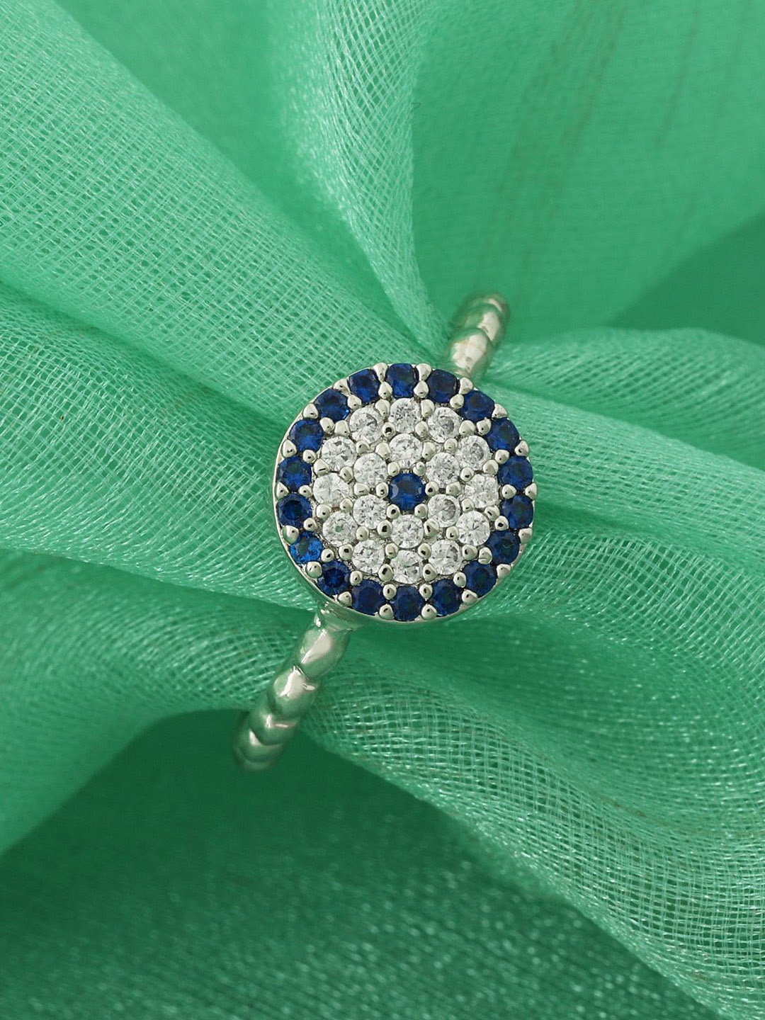 

IGP Silver-Plated CZ Studded Evil Eye Adjustable Finger Ring