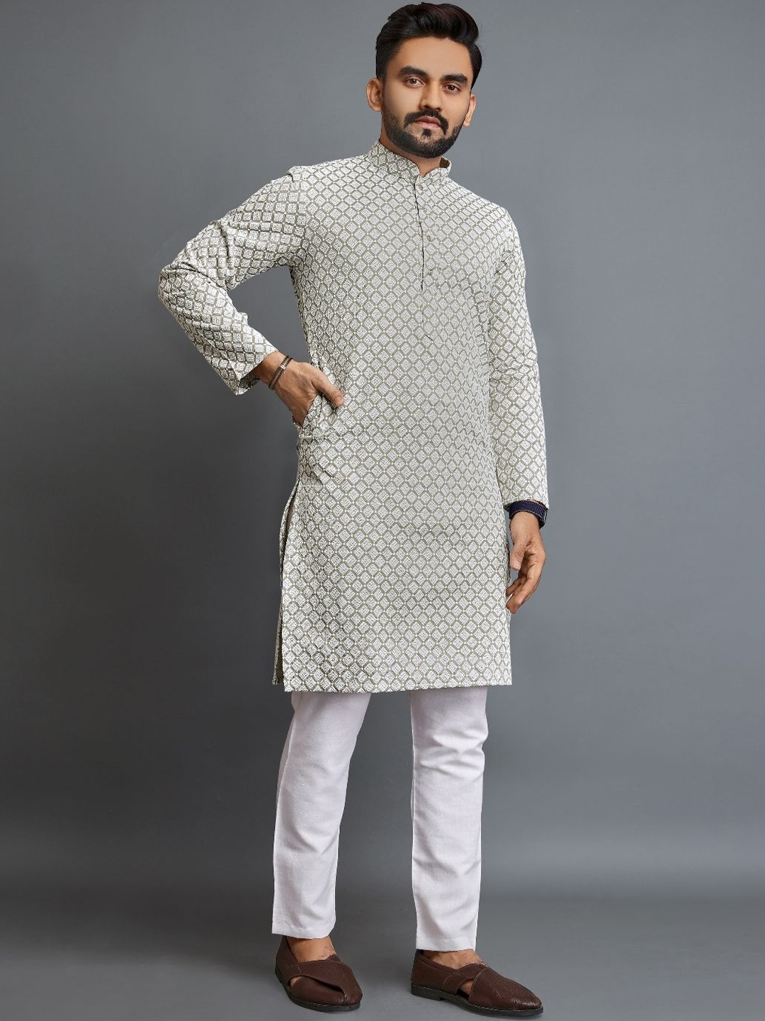 

Zurika Fashion Men Pure Cotton Chikankari Embroidered Work Kurtas, Grey