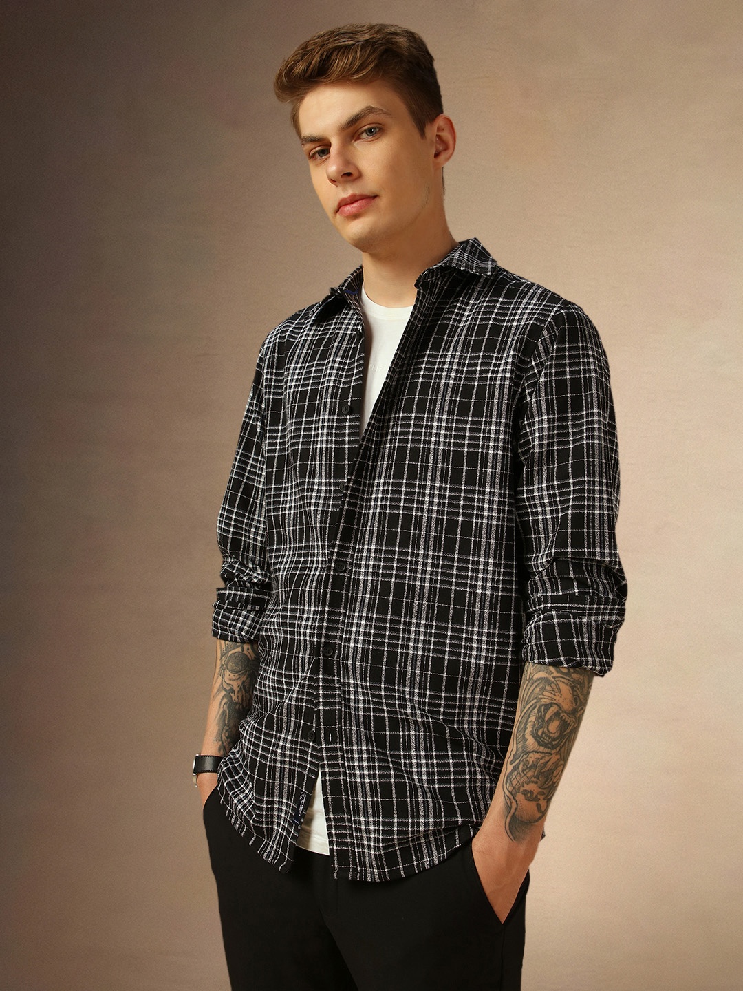 

Dennis Lingo Men Comfort Spread Collar Tartan Checked Cotton Casual Shirt, Black