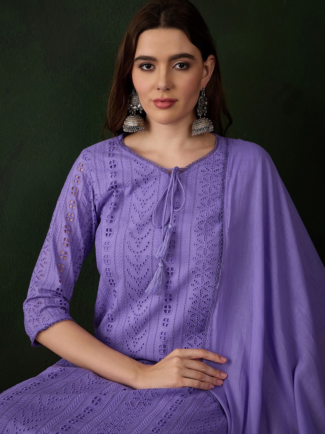 

Sangria Women Schifilli Embroidered Kurta With Trousers & Dupatta, Purple