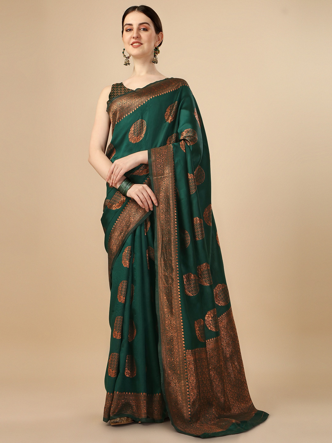 

QENY Woven Design Zari Banarasi Saree, Green