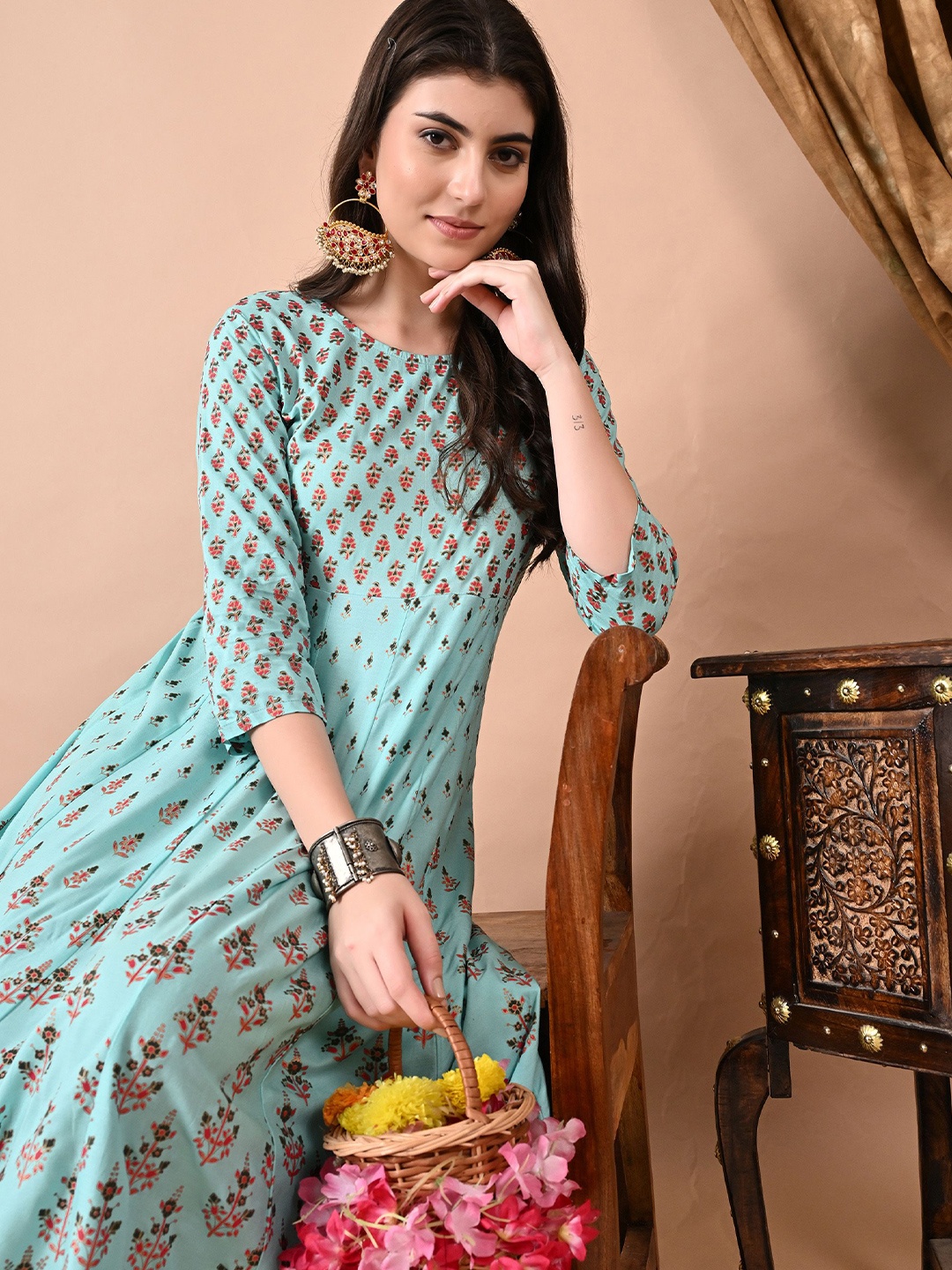 

ftDiva Ethnic Motifs Printed Anarkali Kurta, Sea green