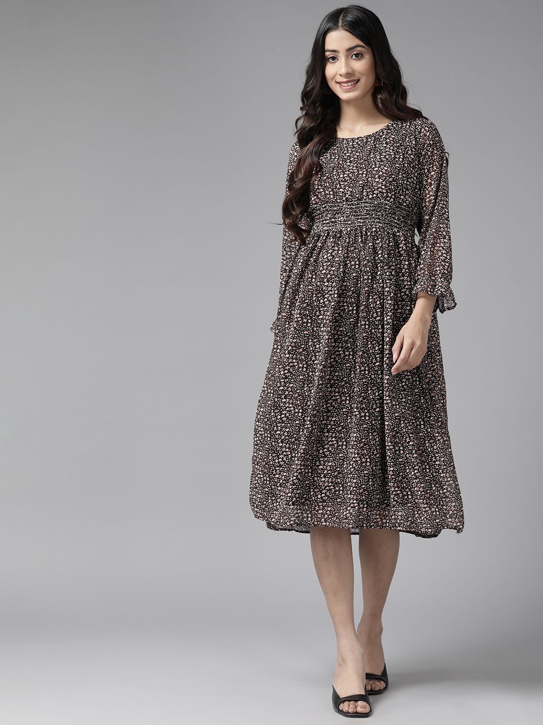 

BAESD Printed Georgette Fit & Flare Dress, Black