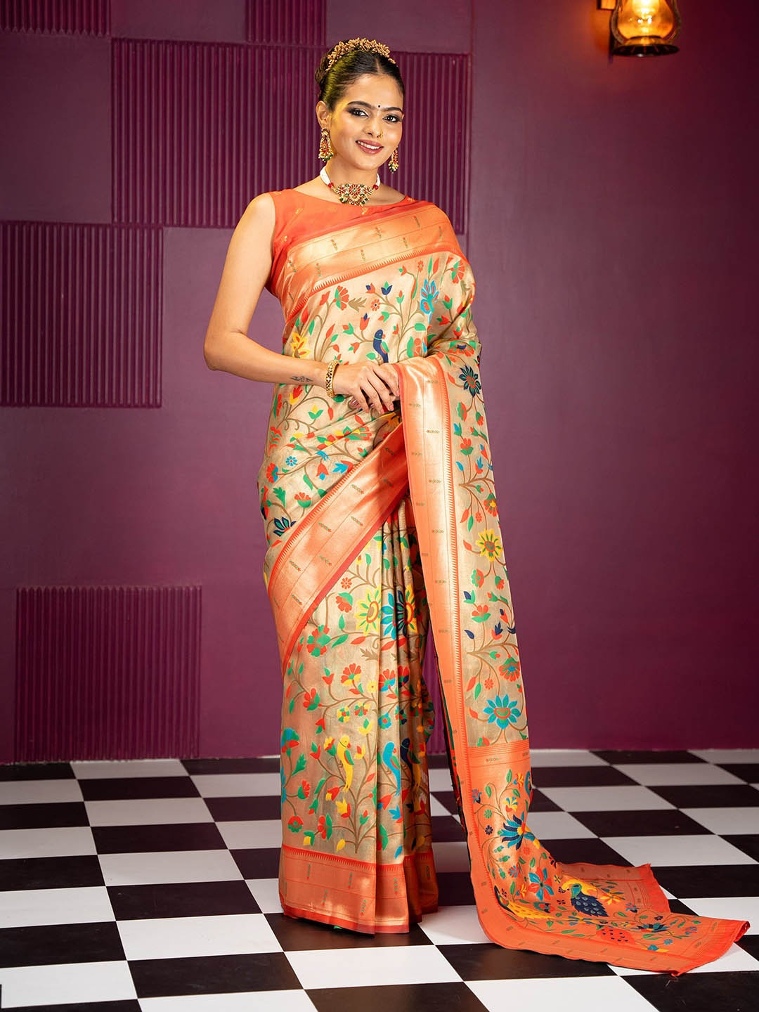 

MIMOSA Floral Woven Design Zari Banarasi Saree, Orange
