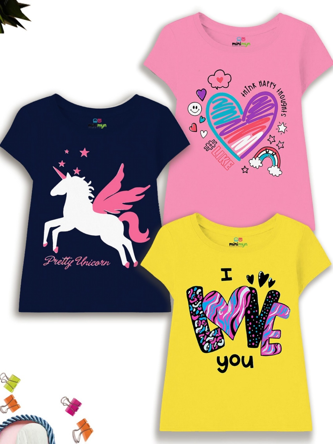 

MINI MYN Girls Pack Of 3 Graphic Printed Round Neck Cotton T-shirts, Yellow