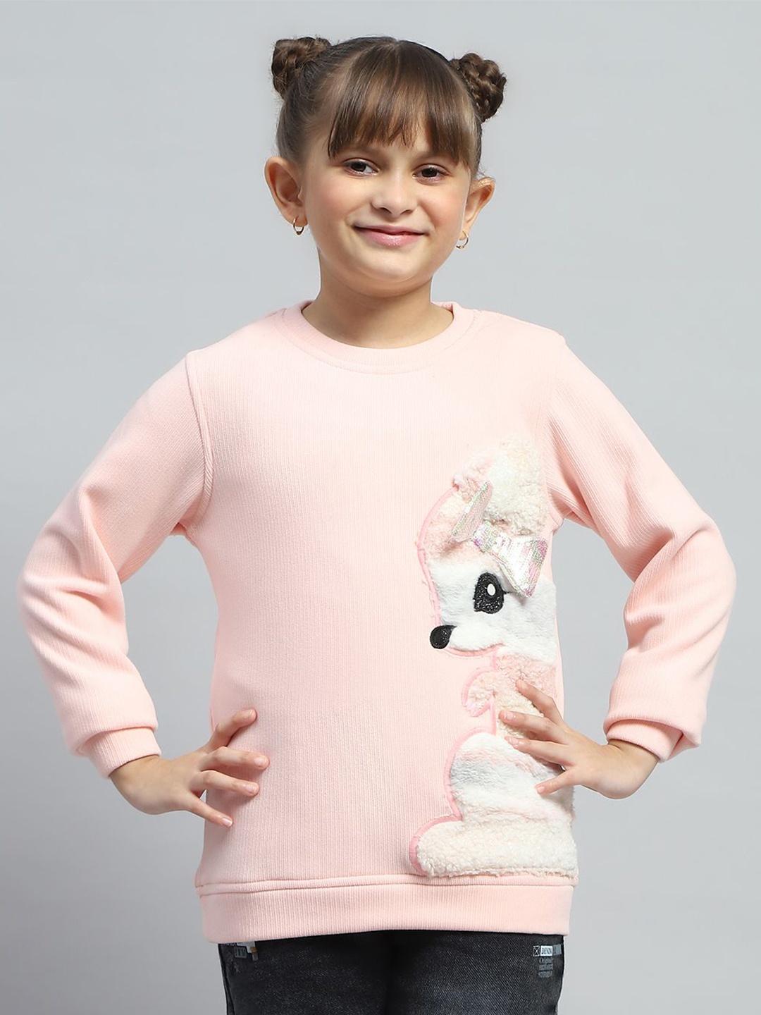 

Monte Carlo Girls Embroidered Round Neck Graphic Printed Cotton Sweatshirt, Peach