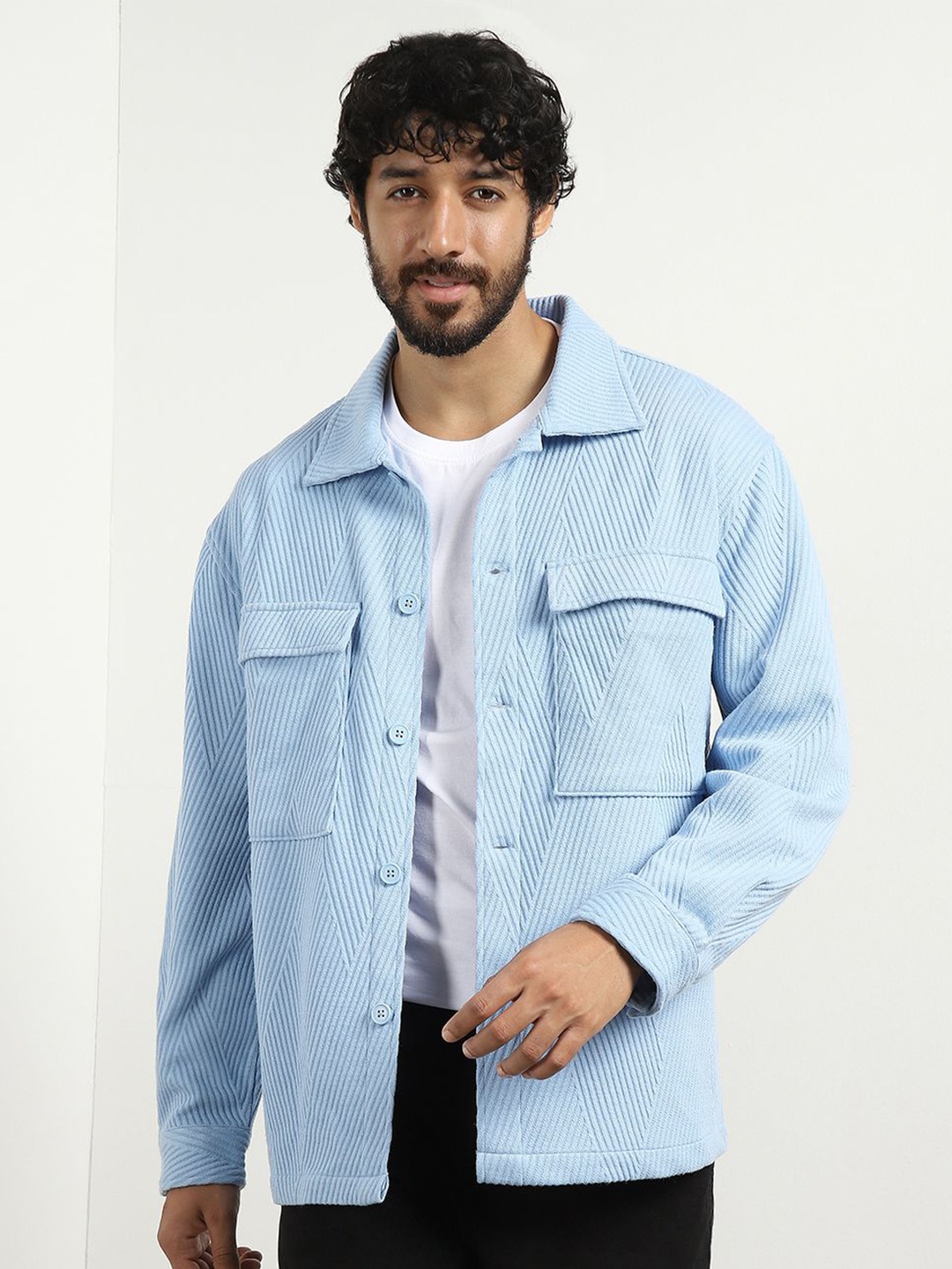 

NOBERO Men Relaxed Fit Spread Collar Textured Casual Shirt, Blue