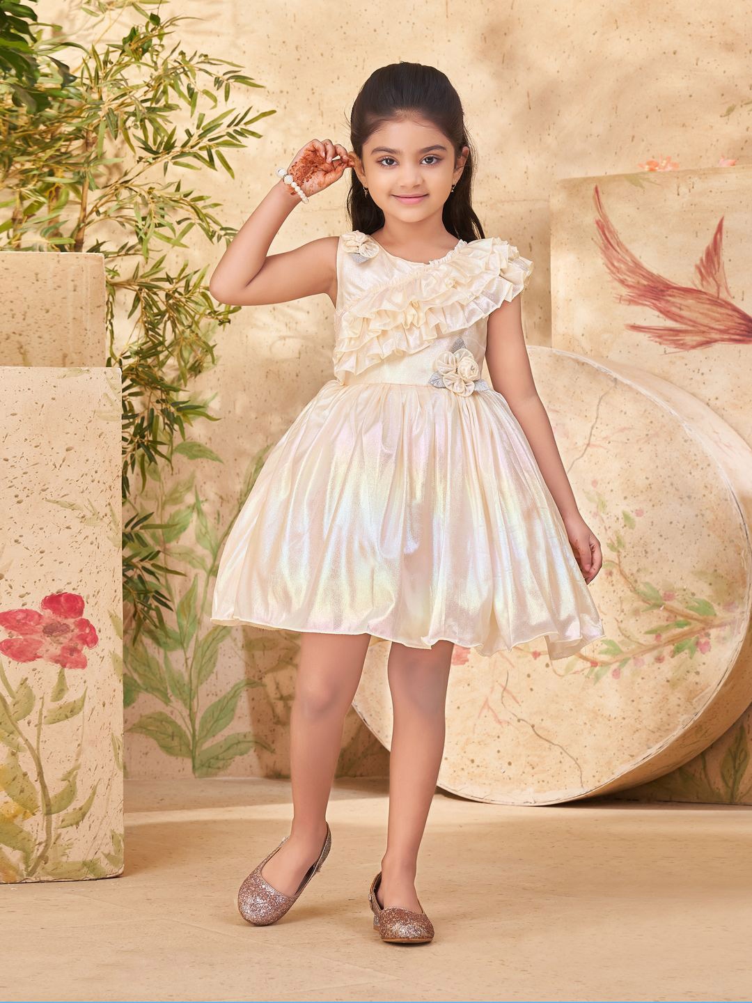 

BAESD Girls Floral Round Neck Fit & Flare Dress, Beige
