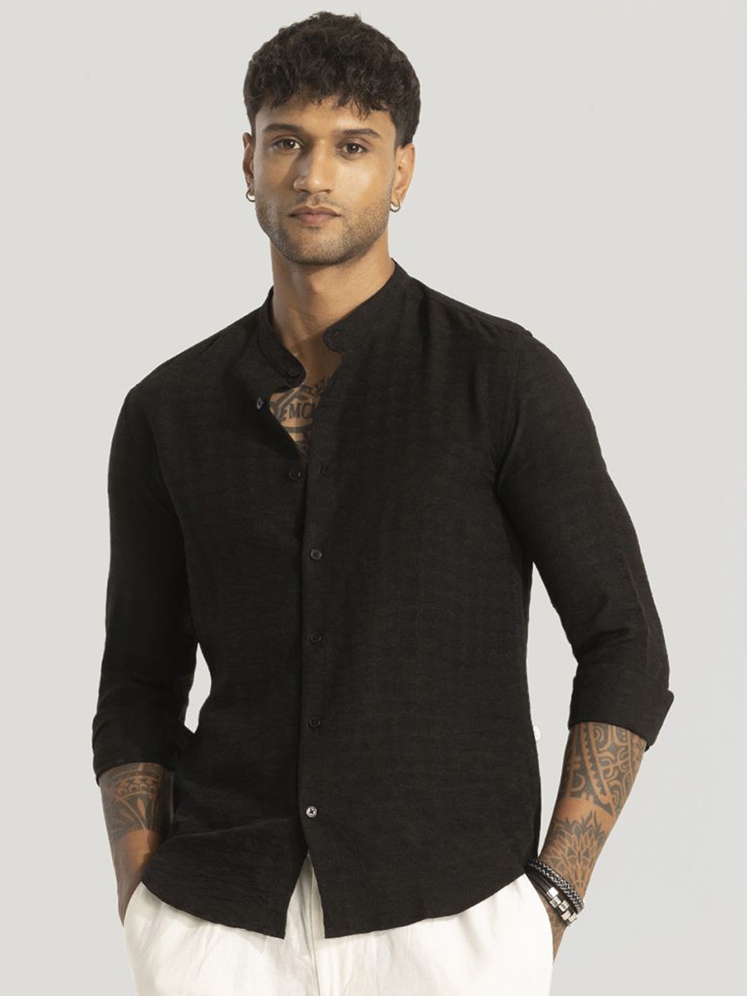 

Snitch Men Smart Slim Fit Band Collar Solid Slim Fit Casual Shirt, Black