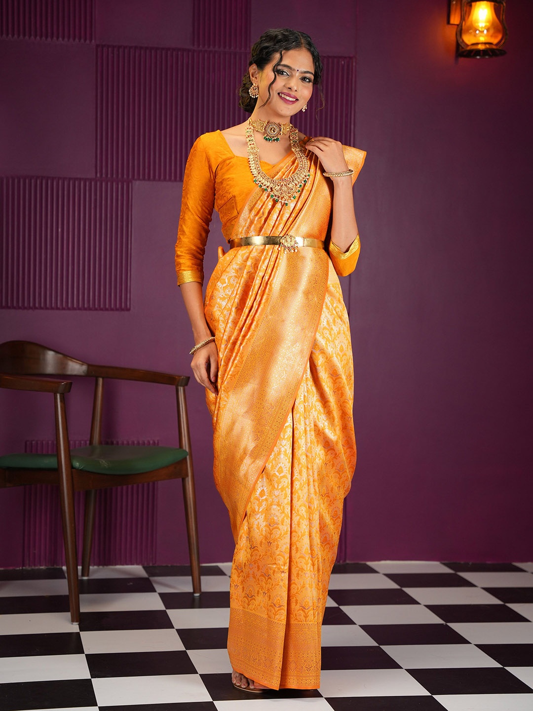 

MIMOSA Floral Woven Design Zari Kanjeevaram Saree, Mustard