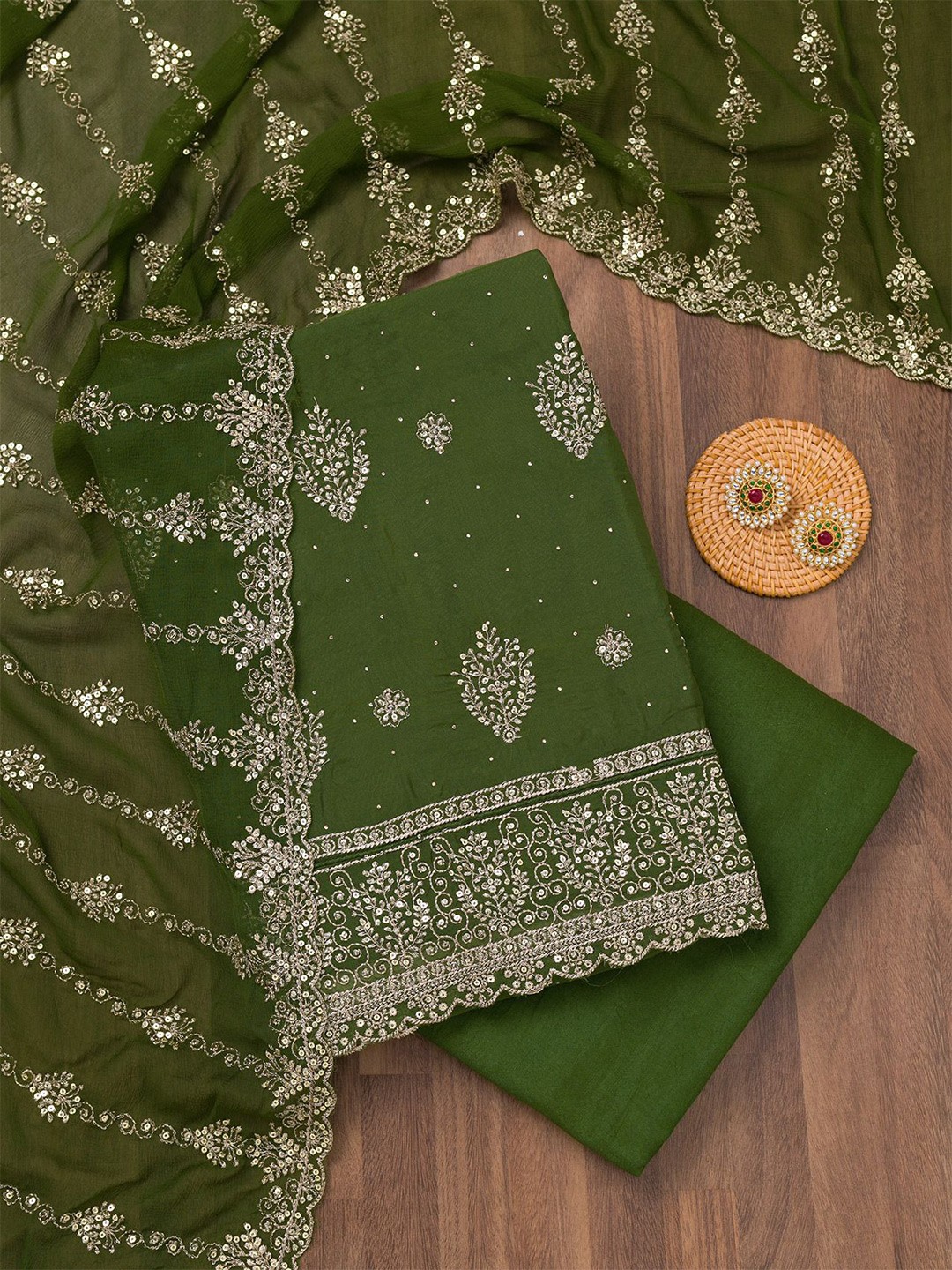 

Koskii Floral Embroidered Zari Work Unstitched Dress Material, Green