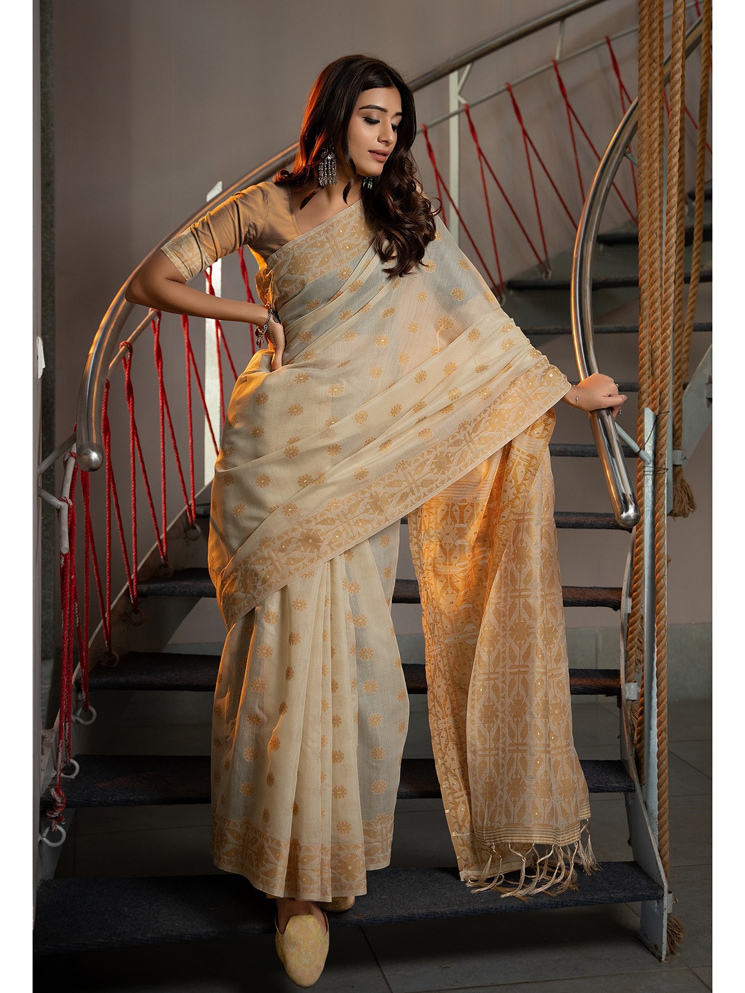 

MAHALASA Ethnic Motifs Zari Pure Cotton Saree, Mustard