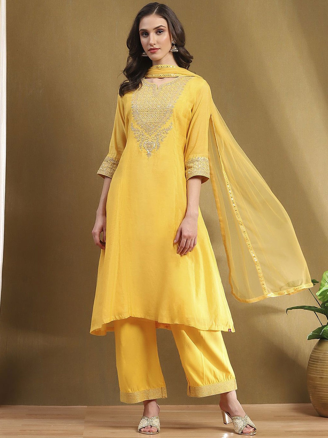 

Biba Women Chanderi Cotton Kurta with Palazzos & With Dupatta, Yellow