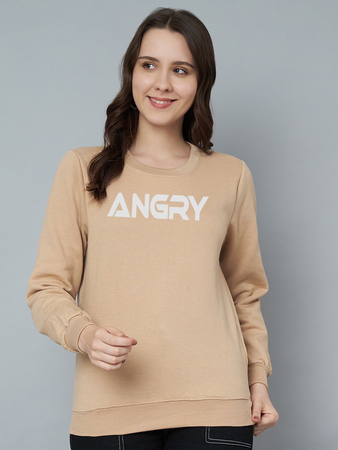 

Trend Level Women Typography Printed Fleece Ribbed Pullover Sweatshirt, Beige