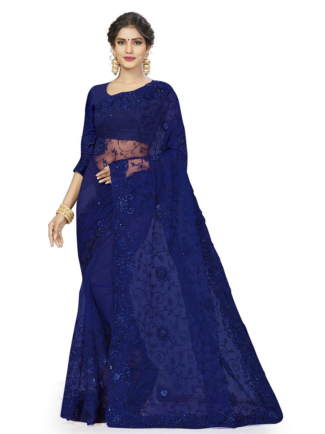 

Maroosh Floral Embroidered Net Saree, Navy blue