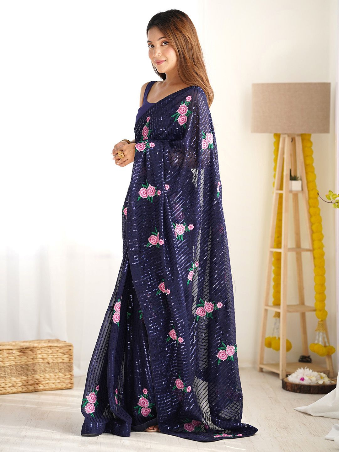 

Anouk Embellished Sequinned Saree, Navy blue