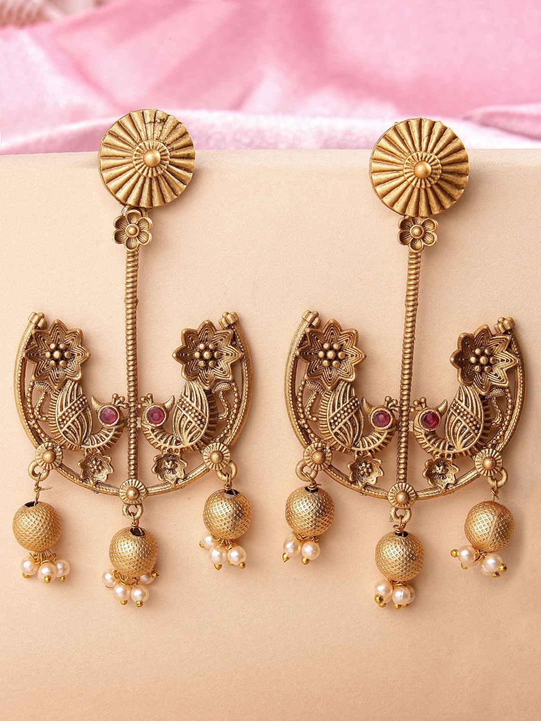 

KARATCART Gold Plated Kundan Beaded Peacock Shaped Drop Earrings