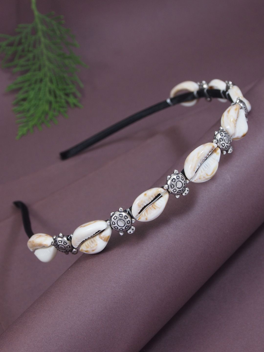 

I Women Navratri Ethnic Boho Style Cowrie Shell Hairband, Cream