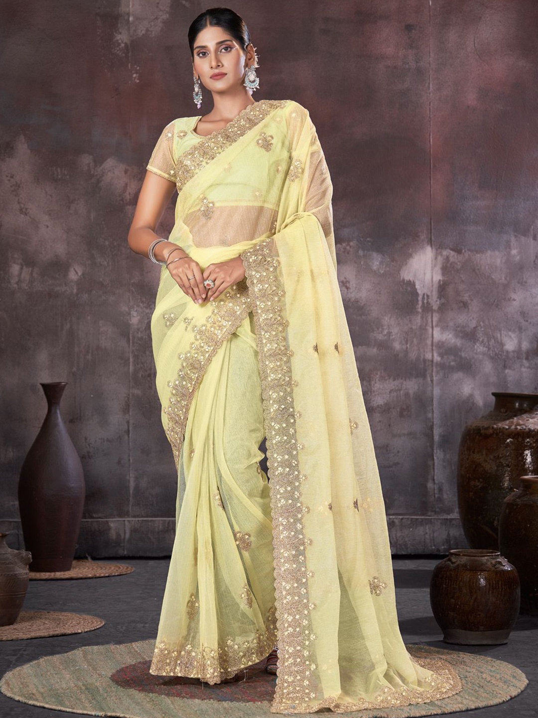 

Mitera Embellished Embroidered Organza Saree With Blouse Piece, Yellow